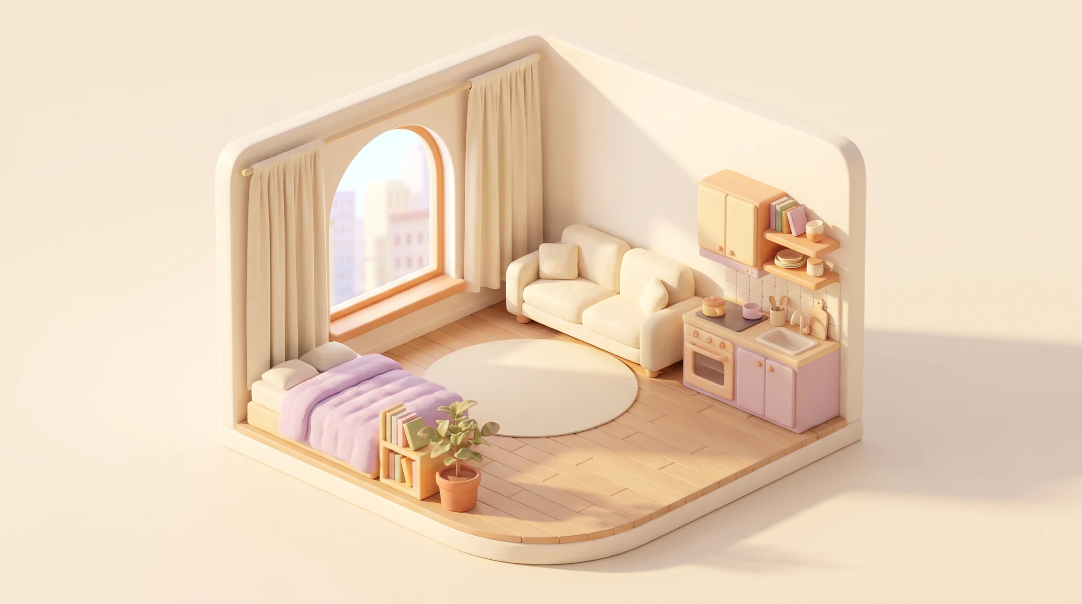 An empty studio apartment, waiting for a cat's world